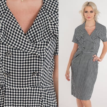 Black and White Dress 60s Mod Dress Double Breasted Button up Knee Length Midi Checkered Diamond Print Oversized Collar Vintage 1960s Small 