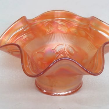 Fenton Style Marigold Carnival Glass Leaves Ruffled Rim Candy Bowl Dish 3340B