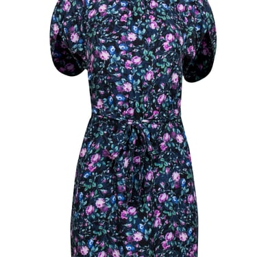Rebecca Taylor - Blue, Black & Purple Floral Print Pleated Shift Dress Sz 4