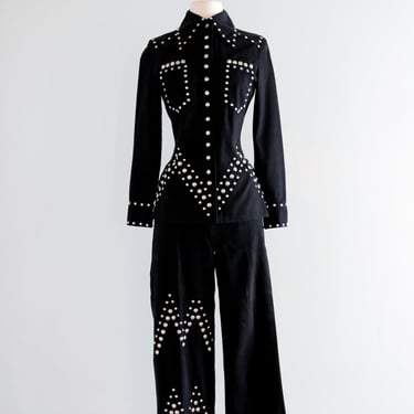 ICONIC 1970's Black Denim Silver Studded Two Piece Pant Suit By Maximum / Small Petite