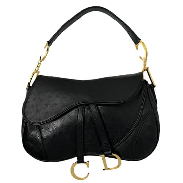 Dior Black Ostrich Double Saddle Bag