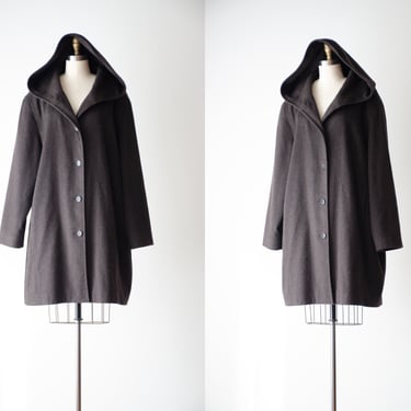 brown wool cashmere coat | 90s plus size vintage Jones New York dark gray brown soft warm hooded coat 