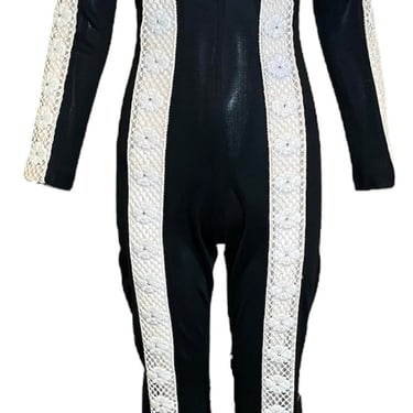 Unlabeled Fredericks of Hollywood 70s Black Bell Bottom Jumpsuit w/ White Crochet Panels