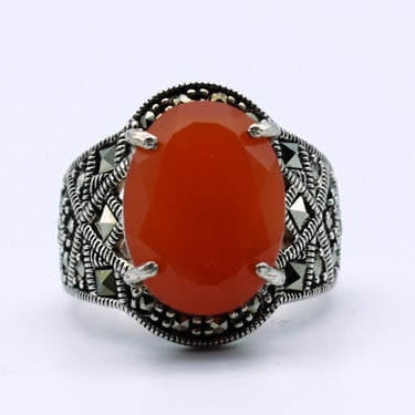 90's carnelian marcasite sterling size 8 Kit Heath ring, big KH 925 Thailand silver pyrite statement 