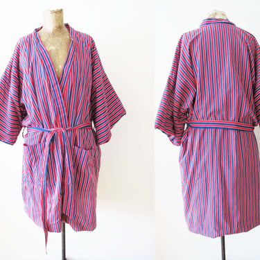 Vintage 60s Red Blue Stripe Pool Robe One Size - 1960s Cabana Terry Cloth Reversible Summer Lounge Robe 