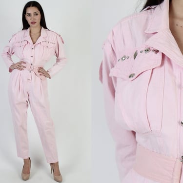 80s Bubblegum Pink Studded Jumpsuit, Glam Rock One Piece Coveralls, Utility Style Playsuit With Matching Belt 
