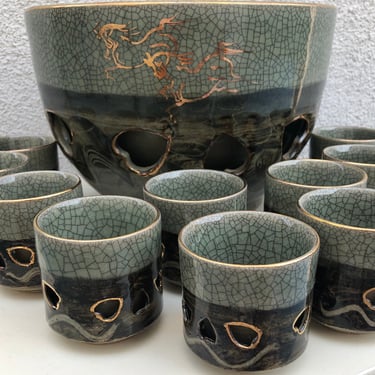 Vintage Japanese Somayaki punch large bowl 10 cups set green crackle ceramic double wall gold running horses 