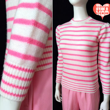 Cute Super Soft Vintage 80s Pink White Stripes Pullover Sweater 