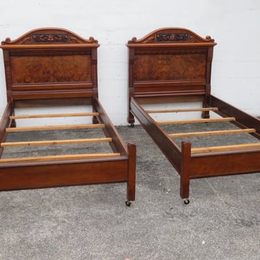 Victorian Hand Carved Burlwood Twin Size Beds a Pair 5251