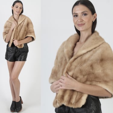 Real Fur Under Collar Mink Stole, Womens 60s Wedding Shawl, Honey Color Bridesmaids Cape 