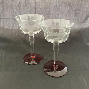 Set of 2 Vintage Art Deco Floral Etched Crystal 3 OZ SMALL Liquor Cocktail Glasses, Red Base, Mid Century Modern Coupe Cordial Sherry Port 