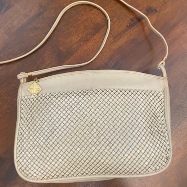 Vintage Whiting Davis Mesh Purse Beige Shoulder Bag 80s 