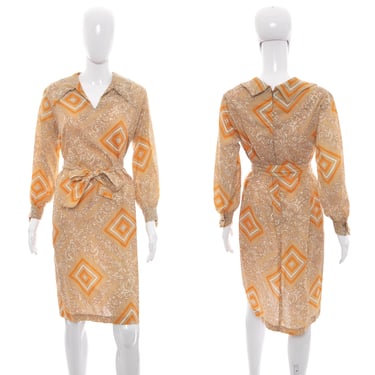 1960's Tan and Orange Geometric and Paisley Print Dress Size L