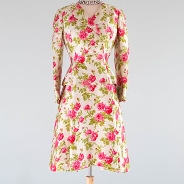 Gorgeous 1960's Arnold Scaasi Silk Rose Print Dress &amp; Jacket Set / SM