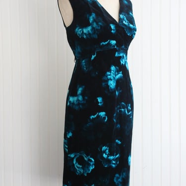 1960s - Wiggle Dress -  Black /Turquoise Velvet - Cocktail Party Dress - by Elissa - Estimated size M 8/10 