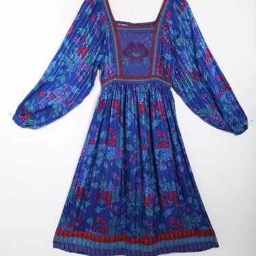 70s Vintage Blue Multi Color Floral Midi Dress 