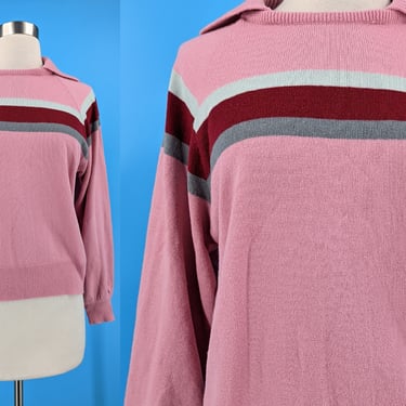 Vintage Seventies Pink Acrylic Woolco Stroller Striped Sweater with Bishop Sleeves and Ribbed Collar - Medium 