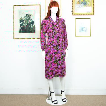 Vintage 1980s Pink Green Floral Silk Cocktail Dress Long Sleeves And Front Buttons Size M UK 12 
