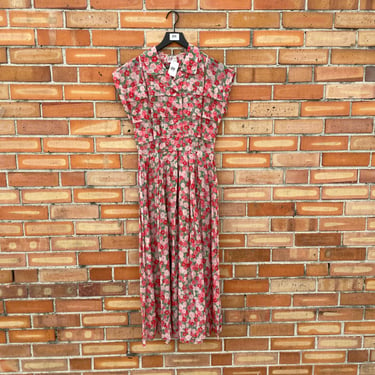 vintage 50s pink floral cotton sheer fit and flare shirt dress / s small 