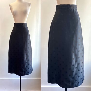 Vintage 40s Skirt / SILK EMBOSSED Squares / Midi Pencil Length / Side Metal Zip 