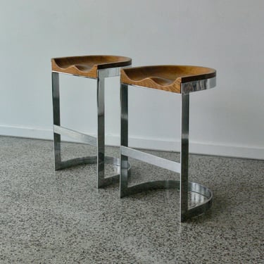 Warren Bacon 70's Chrome and Butcher Block Oak Cantilever Counter Stools (Set of 2) 
