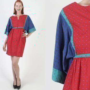 Kimono Bell Sleeve Dress, Asian Inspired Mini, Vintage 70s Sundress, Hip Pockets 