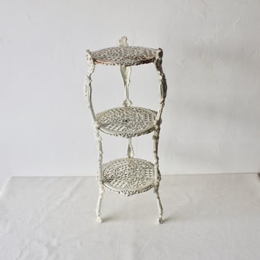 French Style Painted Cast Iron Ornate Hollywood Regency White Finish Three Tiered Side Table Plant Stand 