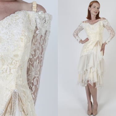 Retro 70s Cream Chiffon Lace Dress / Vintage Hi Lo Mermaid Hem Deco Outfit / Victorian Style Wedding Midi Gown 