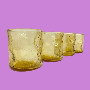 Vintage Drinking Glasses Retro 1970s Mid Century Modern + Golden Yellow + Dimple Glass + Set of 4 + Tumblers + Barware Drinks + MCM Kitchen 