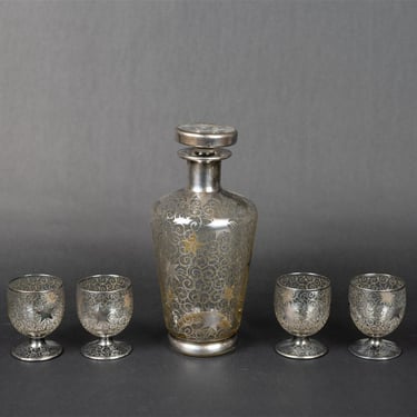 Saint Graal France French Silver Sun and Stars Decanter and Cordial Glasses
