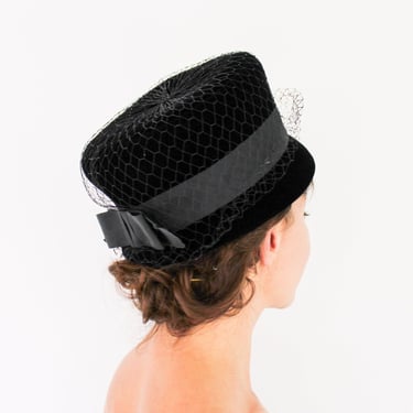 1960s Black Velvet Hat | 60s Black Velvet High Crown Hat | Jackie O | Valerie Modes 
