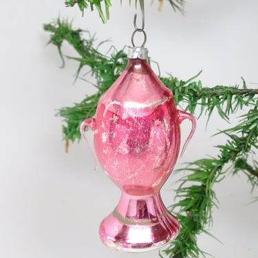 Antique German Hand Blown Mercury Glass Hand Painted Vase, Vintage Christmas Tree Ornament 