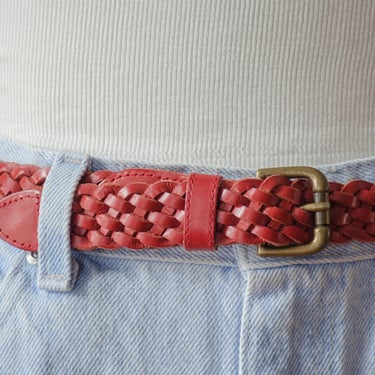 red braided leather belt | 80s 90s vintage woven leather belt 
