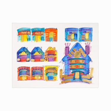 1999 Mixed Media Painting on Illustration Board Colorful Houses 