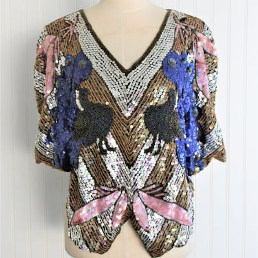1970s - Beaded - Crop Top - Peacock  - Vintage - Butterfly  - Marked size M 