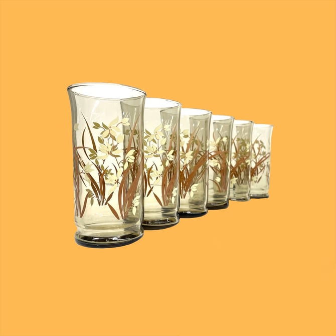 Vintage Drinking Glasses Retro 1970s Libbey + Floral Print + Set of 6 + Mid Century Modern + Tumblers + MCM + Home and Kitchen Decor 