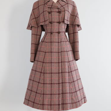 Extraordinary "Madame Holmes" 1940's Scotch Plaid Princess Coat With Cape By Rodex, made in England / Medium