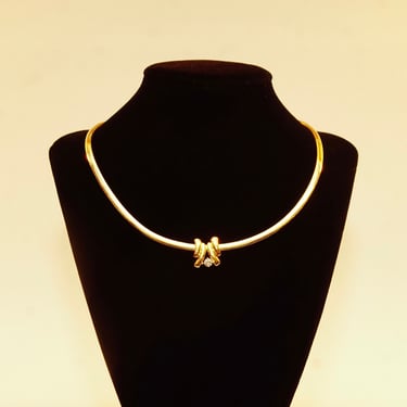 Vintage Italy 14k Gold Diamond Slide Pendant On Omega Collar Necklace, Scalloped Gold Pendant, .28 CT Brilliant Diamond, 4mm Chain, 16&quot; Long 