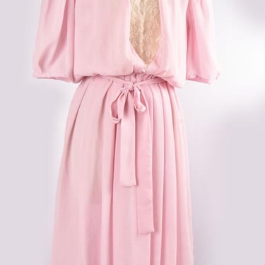70's Pink Ivory Lace Victorian Cottage Blouse style Vintage Dress, Semi sheer Lace High Collar, Shirt Dress, Medium, 1970's 