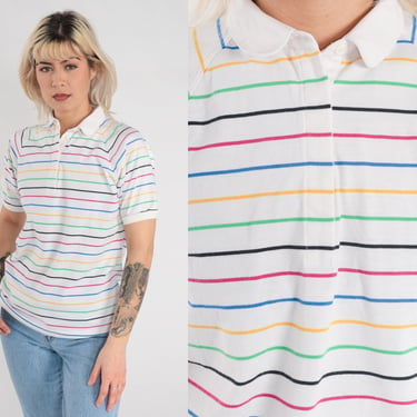 Rainbow Striped Polo Shirt 80s 90s White Collared T-Shirt Retro Short Raglan Sleeve Top Preppy Pink Yellow Blue Green Vintage 1990s Medium M 