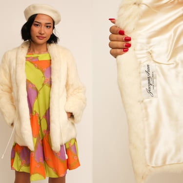 Vintage 1960s 60s White Rabbit Fur Coat Jacket w/ Full Length Sleeves and Satin Lining 