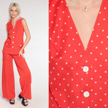 70s Jumpsuit Set Red Two Piece Outfit Vintage Bohemian Polka Dot Women Bell Bottoms PANTS + TOP Boho Hippie 1970s Blouse Extra Small xs 