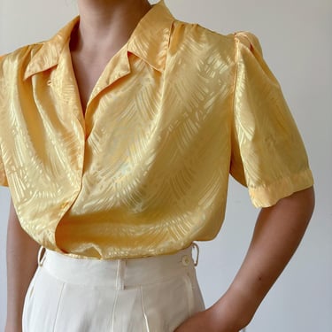 vintage silky blouse yellow button down pleated silky shirt silky top minimalist secretary blouse satin shirt metallic 90s 80s style size L 