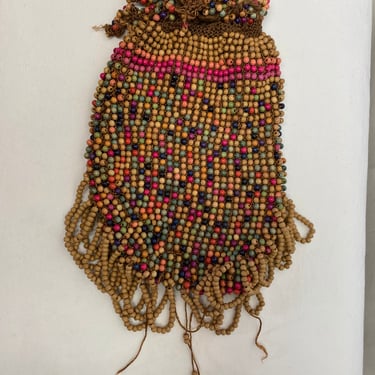 1910’s 1920’s beaded wristlet handbag Tiny colorful wooden micro beads~ whimsical charming ~ needs mending/ As-seen 