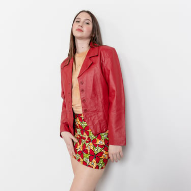 RED LEATHER BLAZER Jacket Relaxed Fit Cute Preppy Vintage Coat / Large 