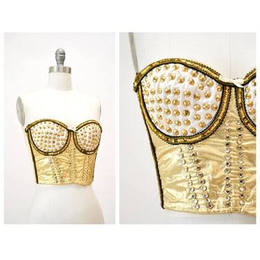 80s 90s Vintage Gold Rhinestone Studded Bustier Top Small 80s 90s Glam Gold metallic Studded Rhinestone Corset Bustier Burlesque Showgirl 