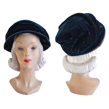 STUNNING Edwardian Teal Velvet Cloche - 1900s Cloche - Womens Edwardian Hat - 1900s Women Hat - Edwardian Velvet Hat - Vintage Teal Blue Hat 
