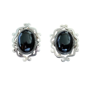 1950s Signed Sterling Silver Framed Black Button Clip On Earrings - 50s Sterling Earrings - Vintage Sterling Silver Earrings - 50s Earrings 