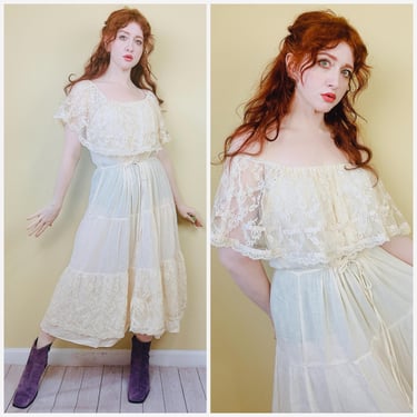 1970s Vintage Young Edwardian Cream Lace Midi Dress / 70s Lace Off Shoulder Gauze Sheer Prairie Gown ? Large - XL 