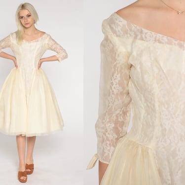 60s Party Dress Emma Domb Cream Lace Midi Boat Neck Prom Full Tulle Skirt Floral Wedding Gown Cocktail Bow Vintage 1960s Extra Small xs 